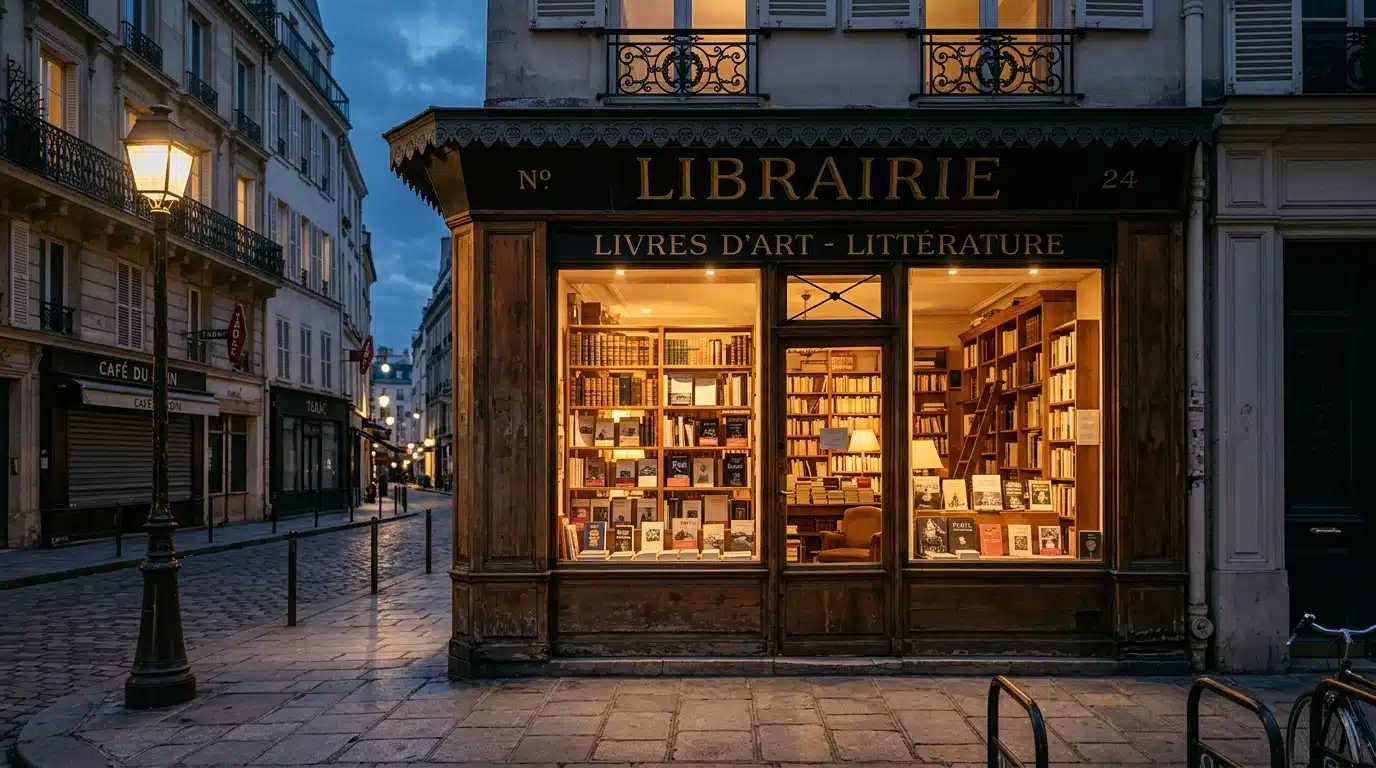 Vitrine de librairie dans une rue de quartier parisien