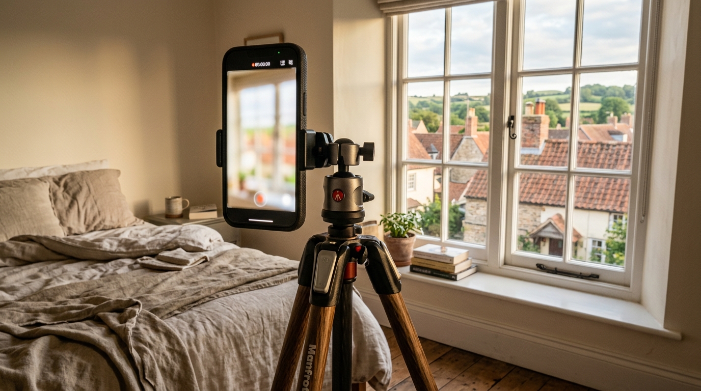 Smartphone sur trépied dans une chambre, village en fond