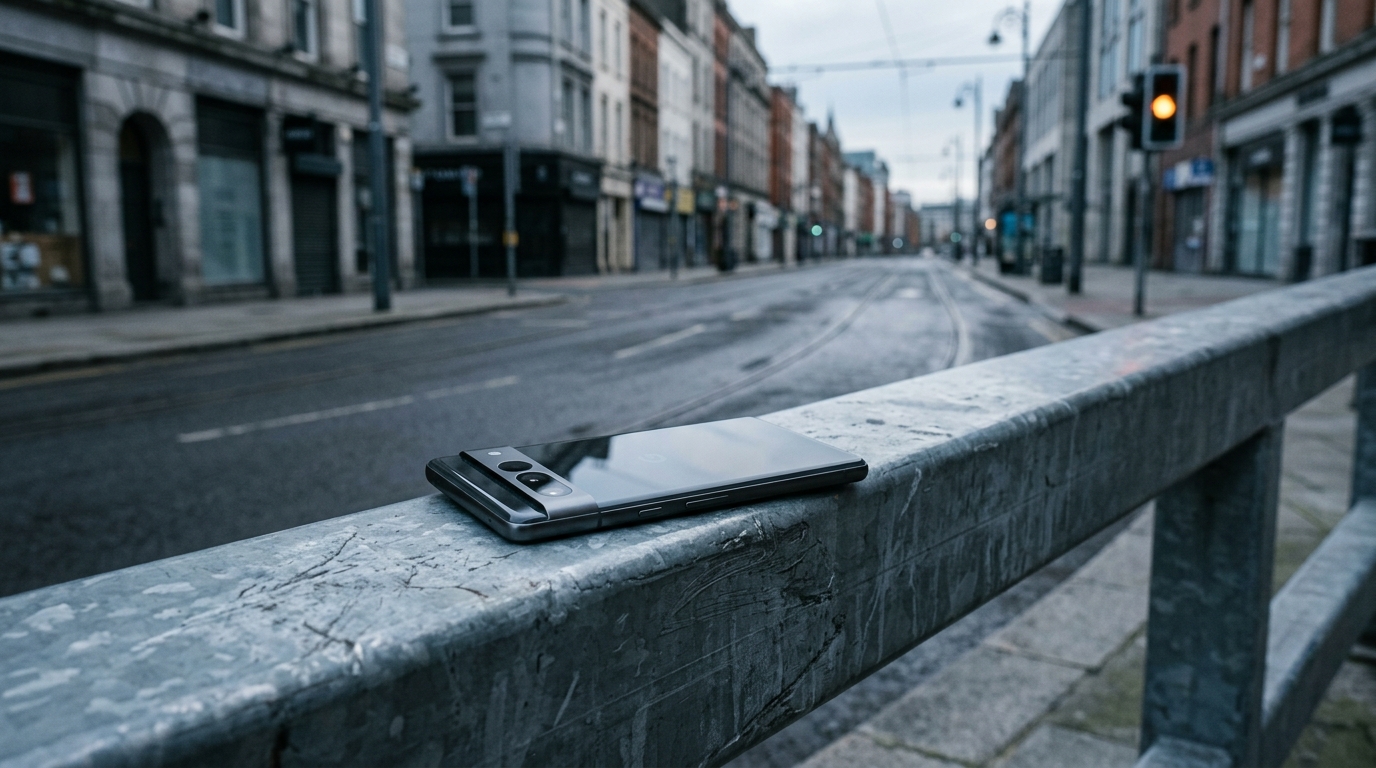 Smartphone posé sur une barrière métallique devant une rue de manifestation floue