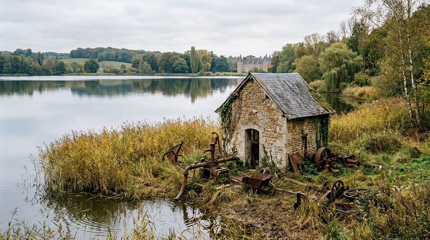 Lac de propriété avec vieille station de pompage rouillée