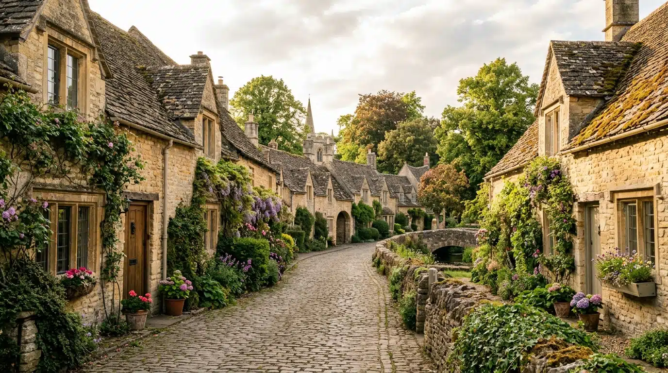 Village de pierre dorée dans la campagne des Cotswolds