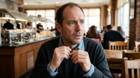 Client perplexe devant un buffet de restaurant