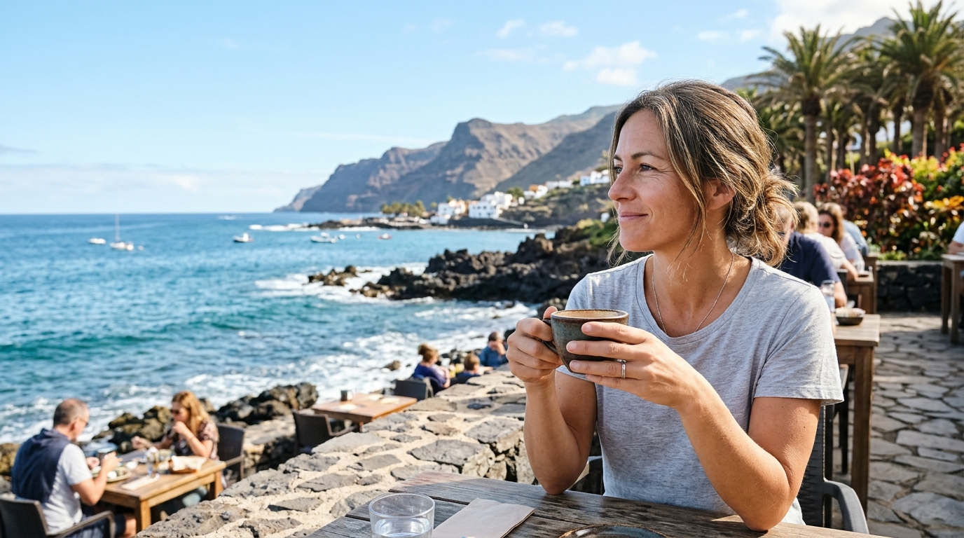 Femme souriante en terrasse face à l'océan canarien