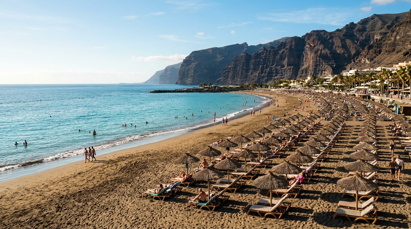 Transats et parasols sur une plage volcanique ensoleillée