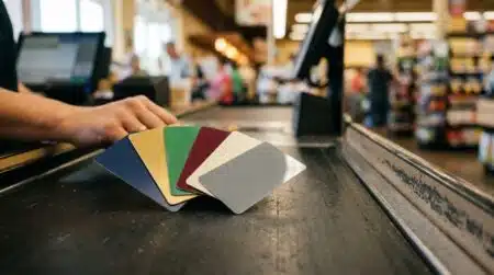 Cartes cadeaux vierges éventail sur tapis de caisse