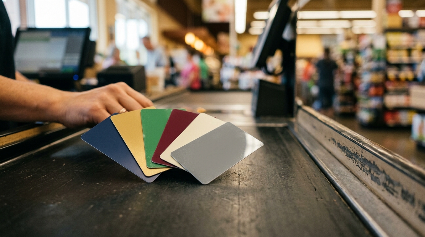 Cartes cadeaux vierges éventail sur tapis de caisse
