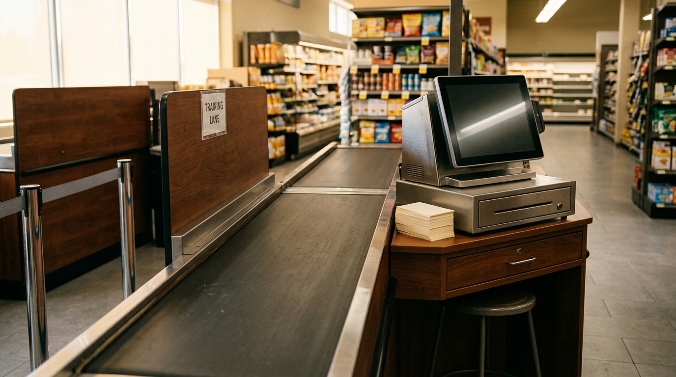 Caisse de supermarché vide avec pile de cartes