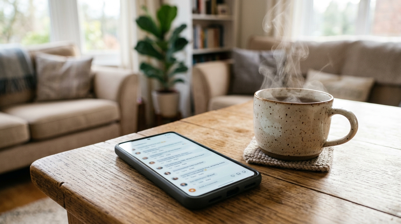 Smartphone posé sur une table avec tasse de thé