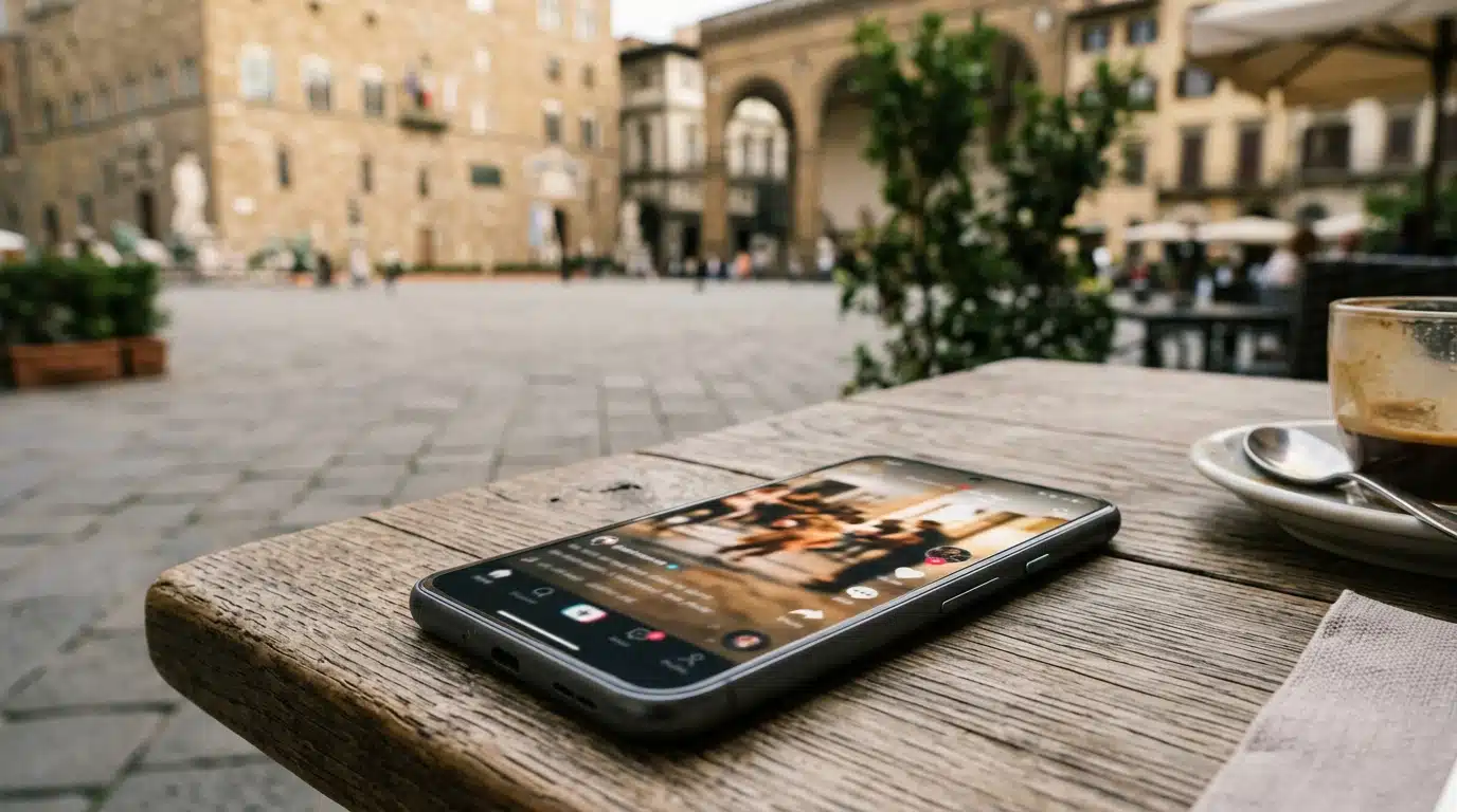 Smartphone posé sur une table devant une place urbaine floue