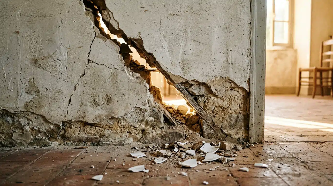 Fissure profonde traversant un mur de maison ancienne