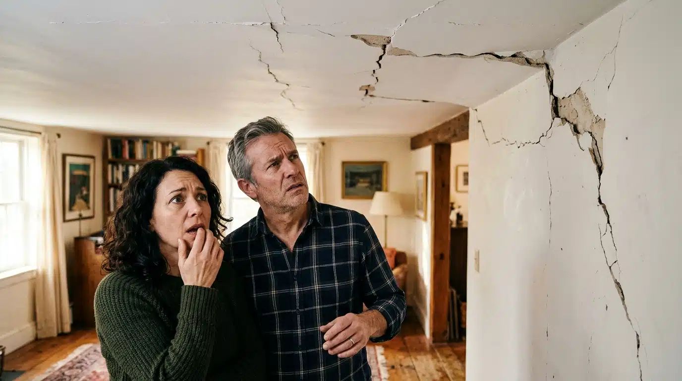 Couple inquiet observant des fissures dans leur salon