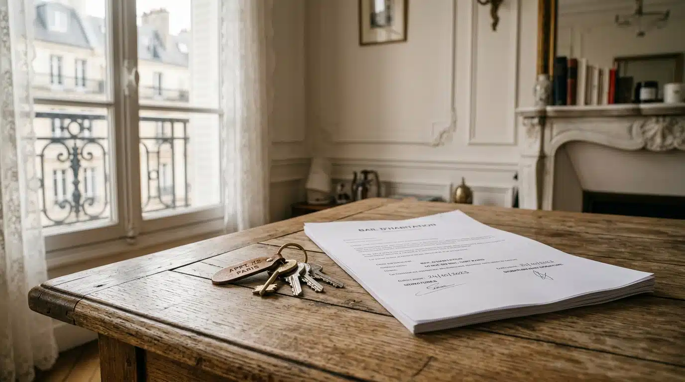 Clés d'appartement posées sur une table en bois