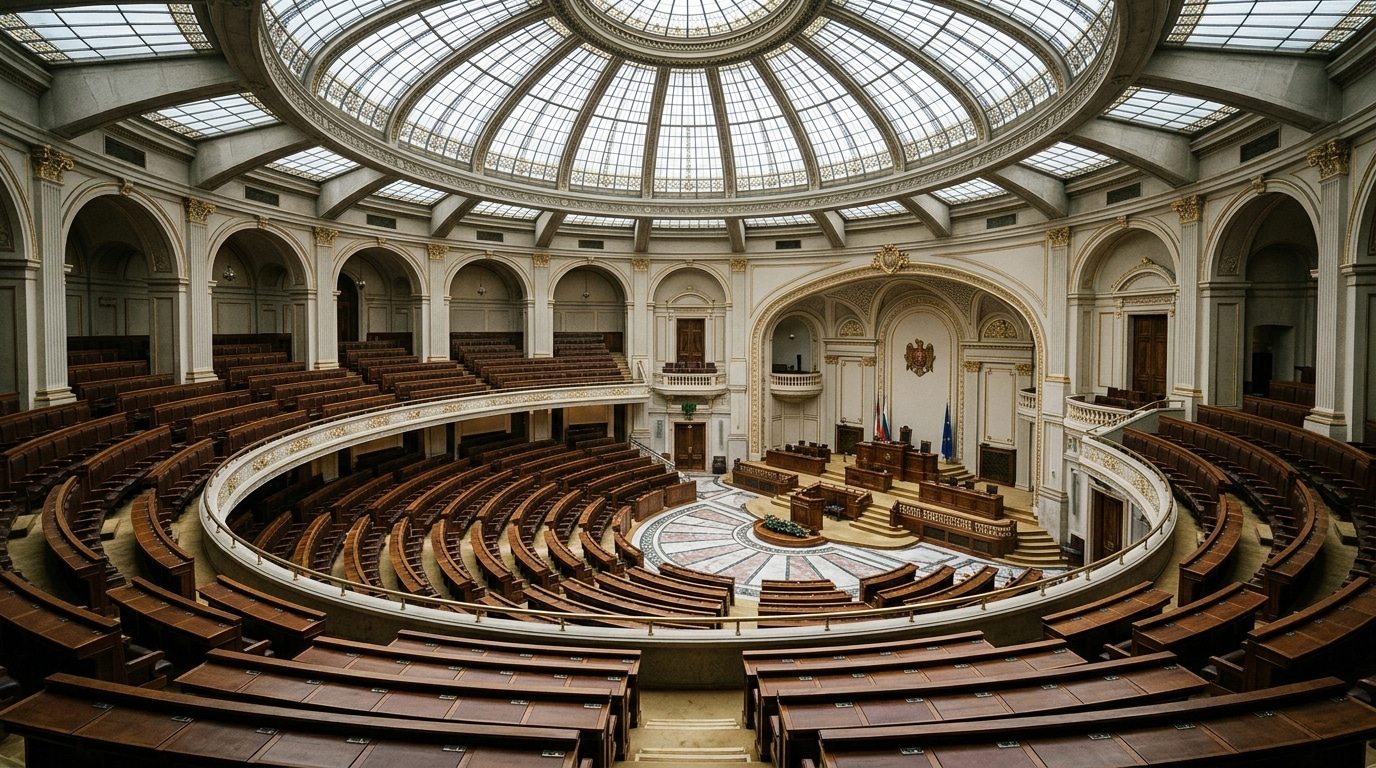 Hémicycle vide aux gradins courbes sous une verrière