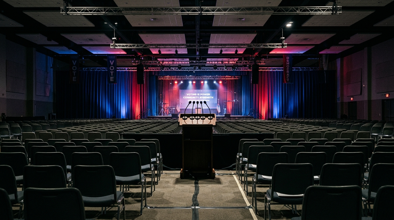 Salle de meeting politique vide avec pupitre et micros