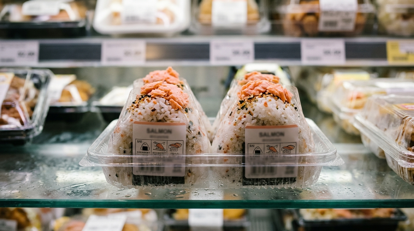 Deux onigiri au saumon dans une barquette réfrigérée