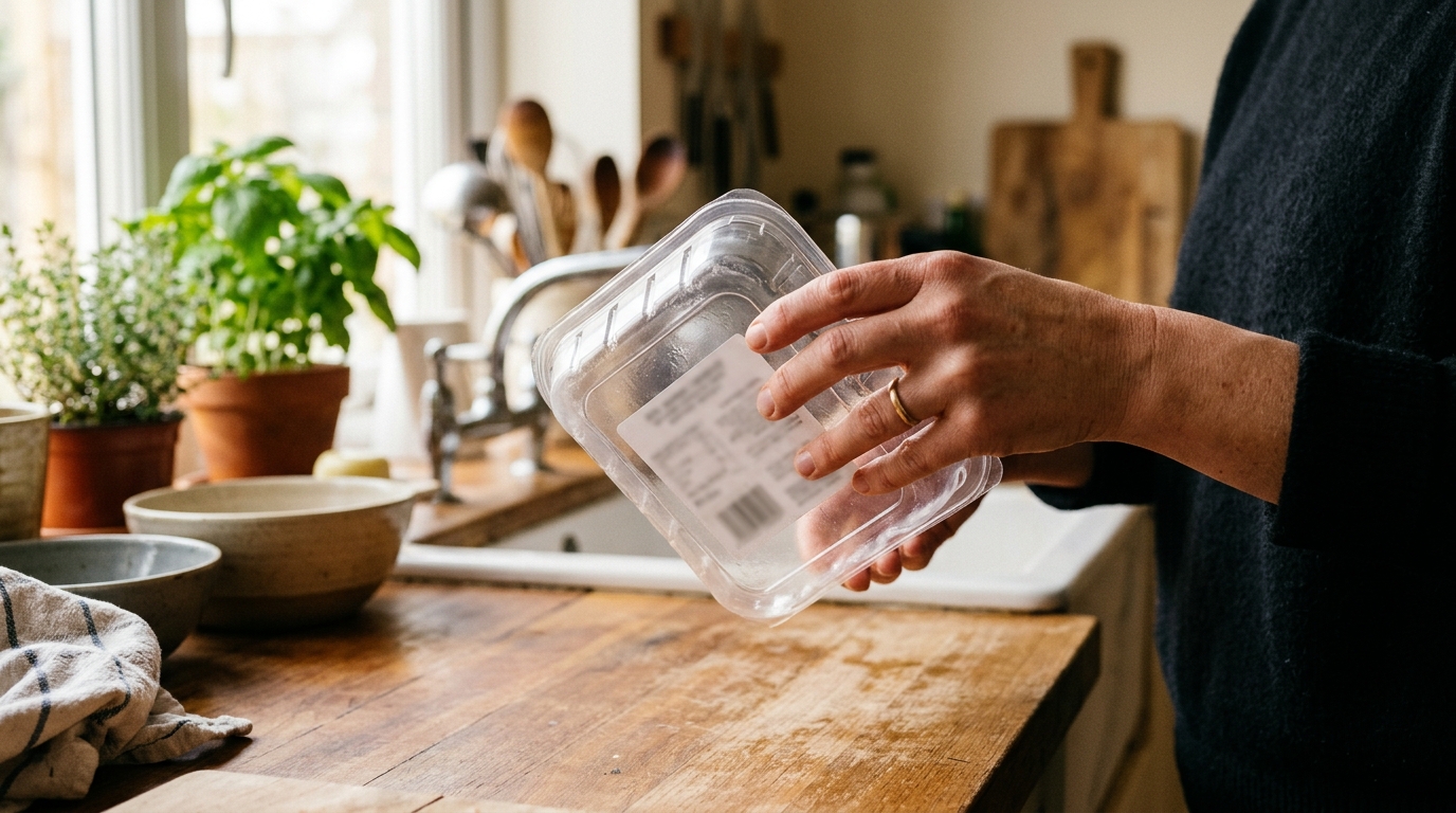 Main inspectant l'arrière d'une barquette de plat préparé