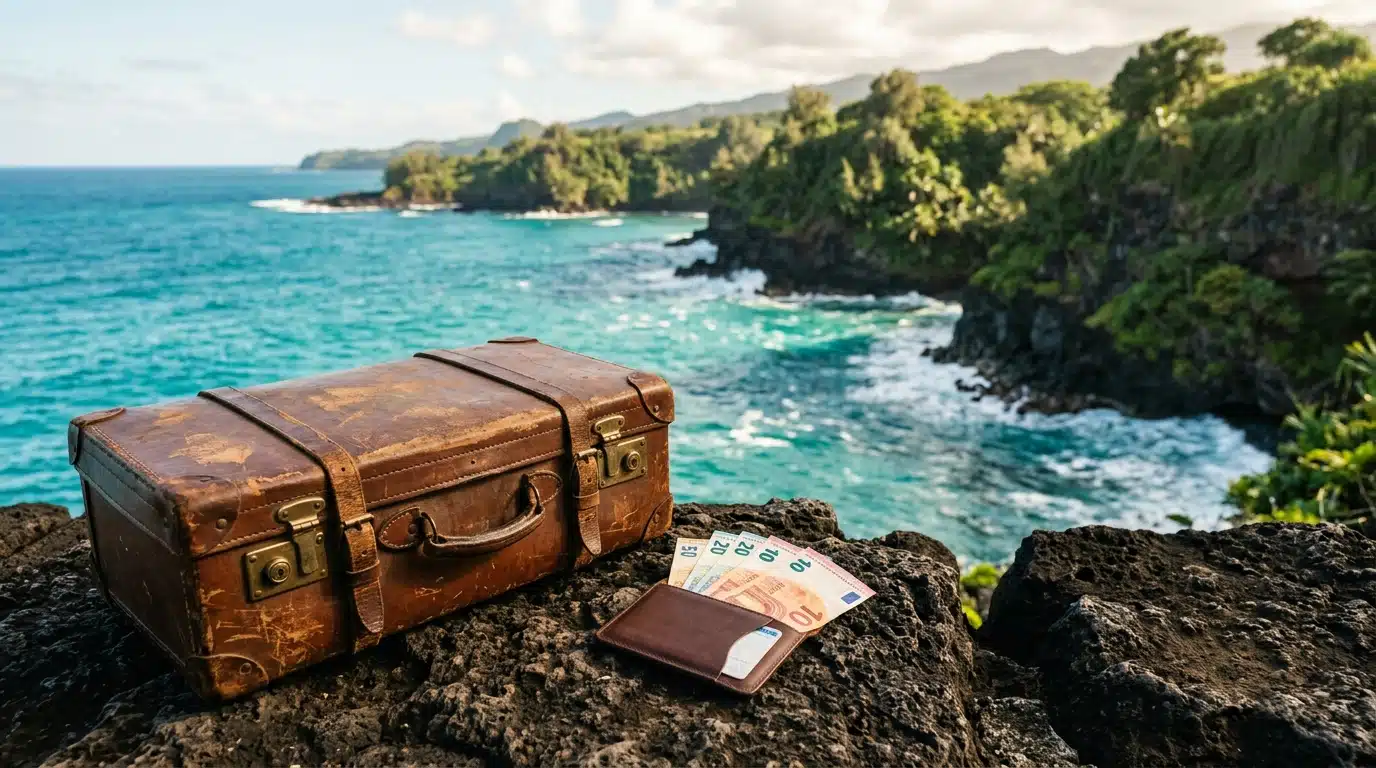 Valise ancienne, billets et pièce d'identité devant un littoral volcanique