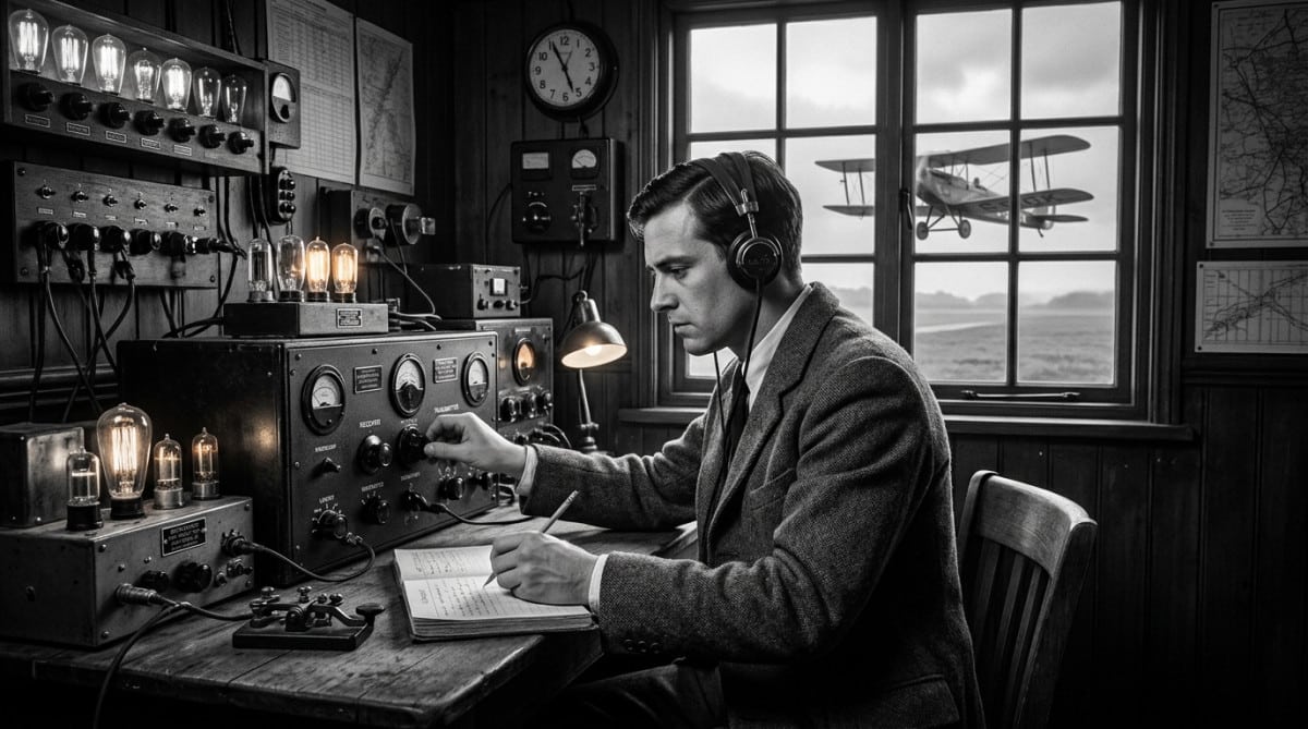 Opérateur radio des années 1920 à l'aéroport de Croydon