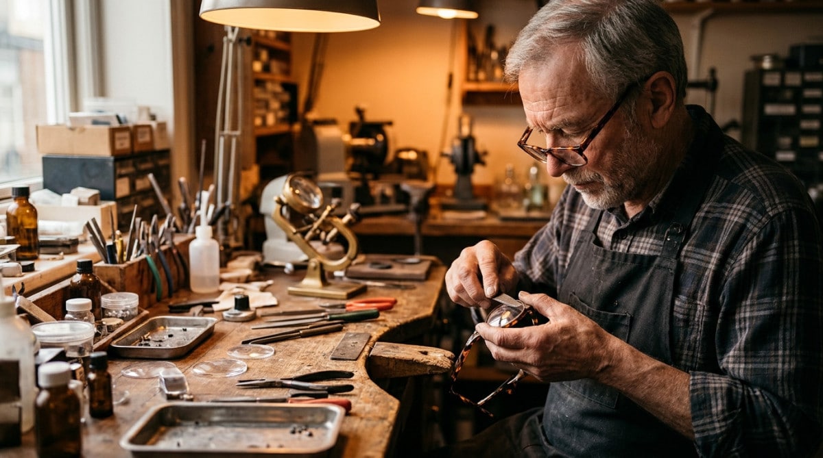 Opticien montant un verre dans une monture à l'atelier