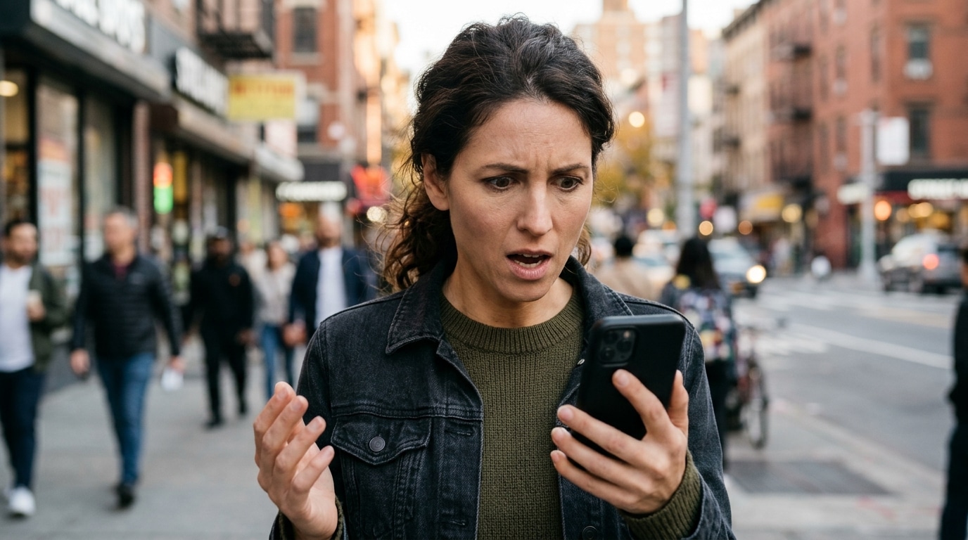 Passante frustrée regardant son smartphone dans la rue