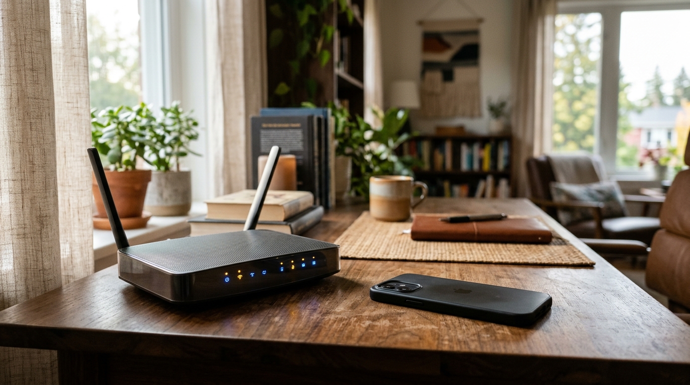 Box internet allumée à côté d'un smartphone posé sur un bureau
