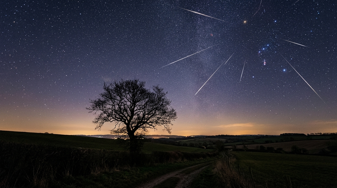 Étoiles filantes traversant un ciel nocturne au-dessus d'une campagne