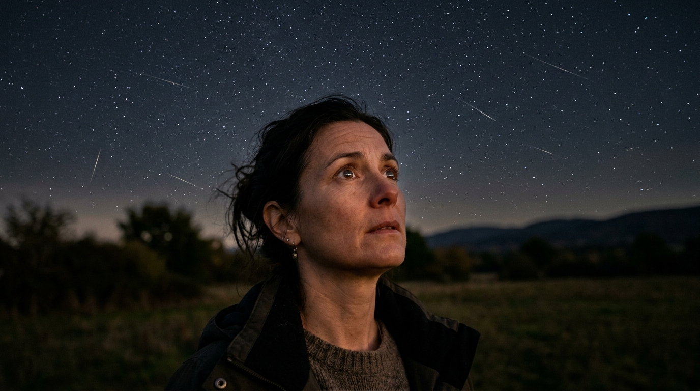 Visage levé vers le ciel nocturne, regard émerveillé et inquiet