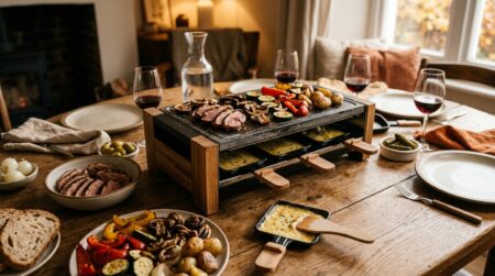 Raclette-gril pliable avec poêlons et fromage fondu sur table en bois