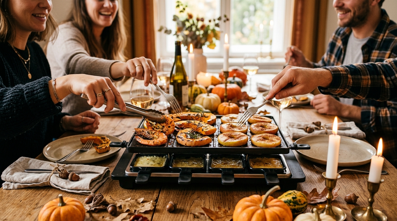 Mains autour d'une table avec gambas, courge et pommes grillées
