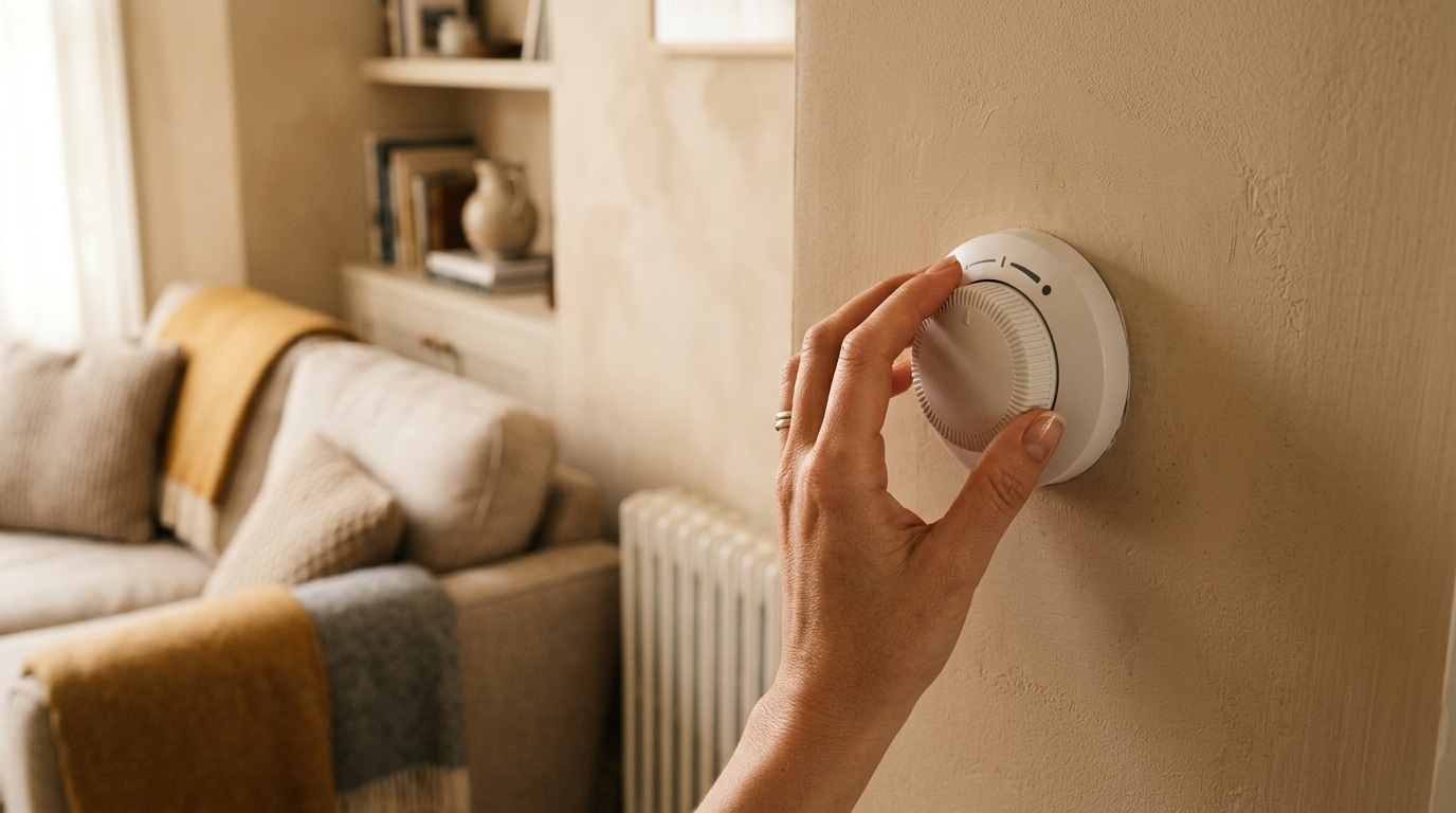 Main tournant un thermostat mural dans un salon chaleureux