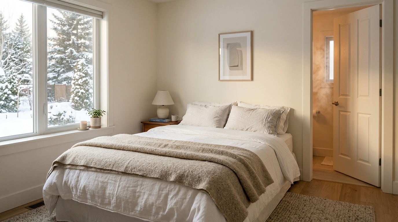 Chambre apaisante et salle de bain entrouverte en hiver