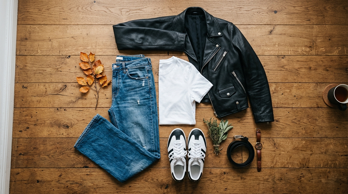 Jean flare, tee-shirt blanc, perfecto et baskets bicolores à plat