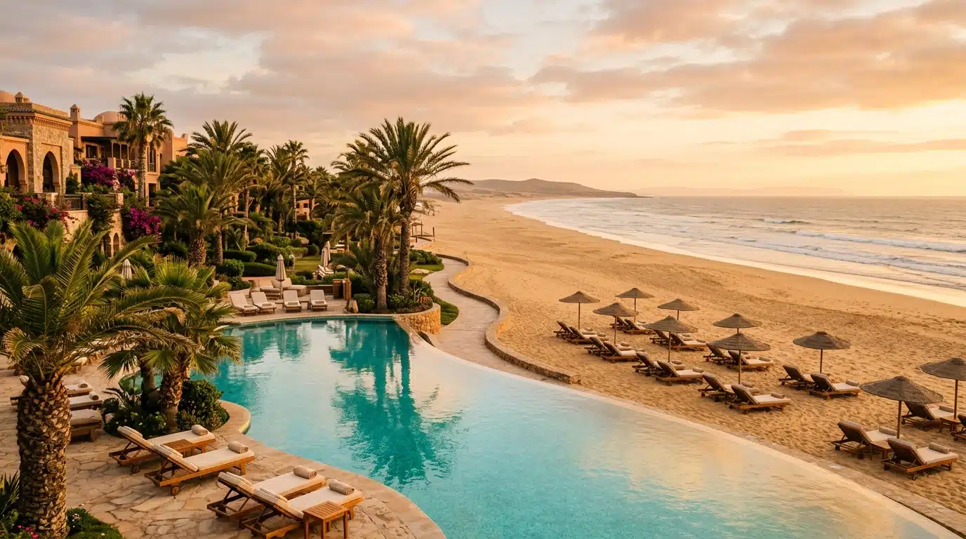 Piscine d'hôtel face à une plage de sable doré
