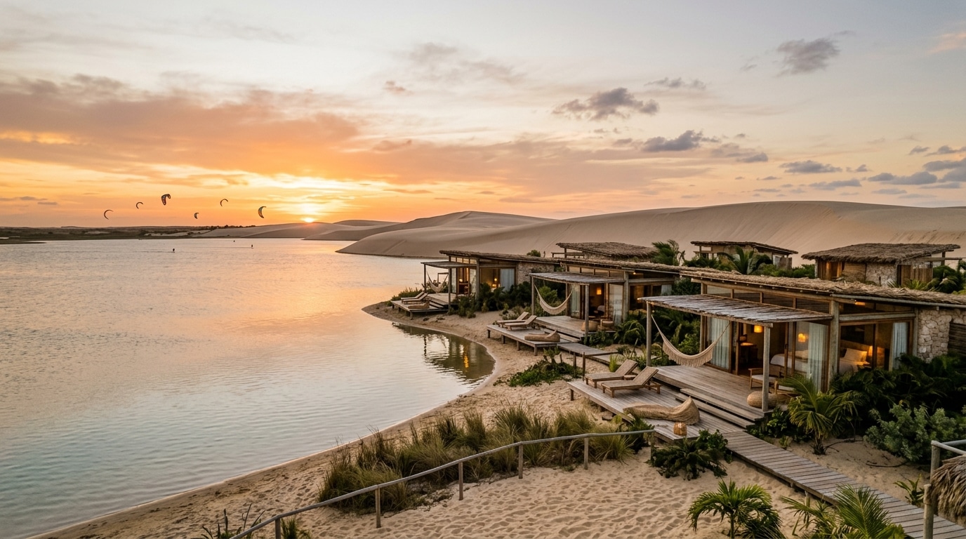 Bungalows chics entre lagune et dunes au coucher du soleil