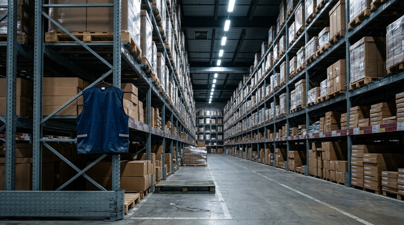Entrepôt de magasin vide, avec un gilet de travail accroché au premier plan