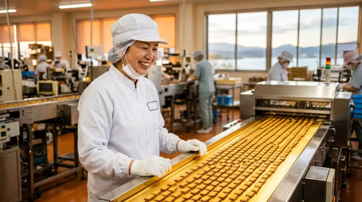 Ouvrier japonais devant une chaîne de fabrication de gaufrettes au chocolat