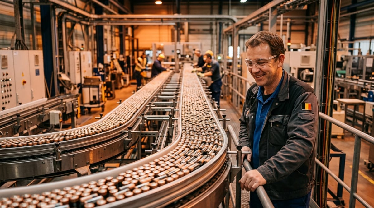 Ouvrier surveillant une chaîne de fabrication de piles