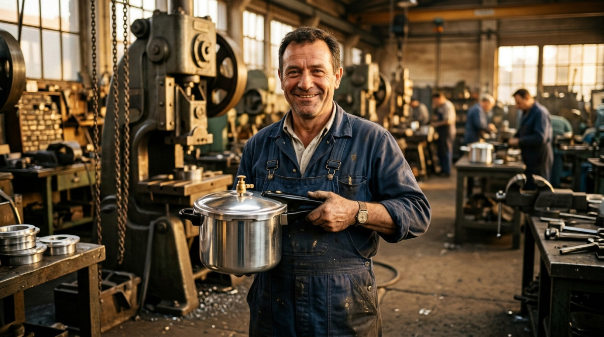 Ouvrier tenant une cocotte en aluminium dans une usine