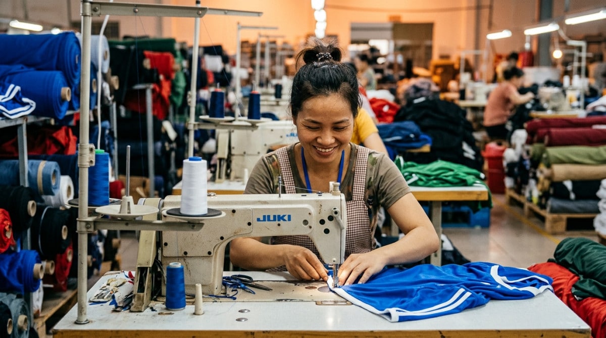 Ouvrière cousant un maillot de football en usine