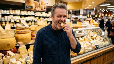 Client hésitant devant le rayon fromage d'un supermarché