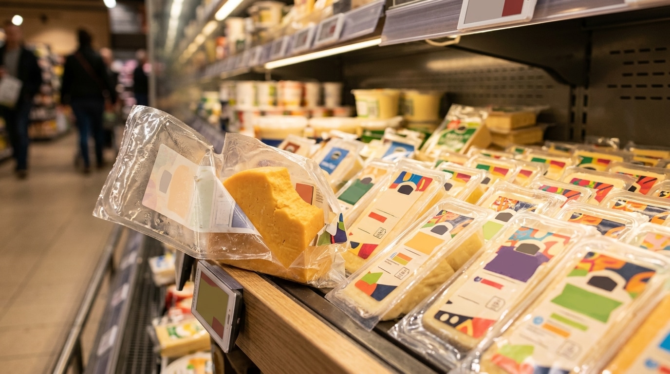 Emballage de fromage ouvert et entamé en rayon