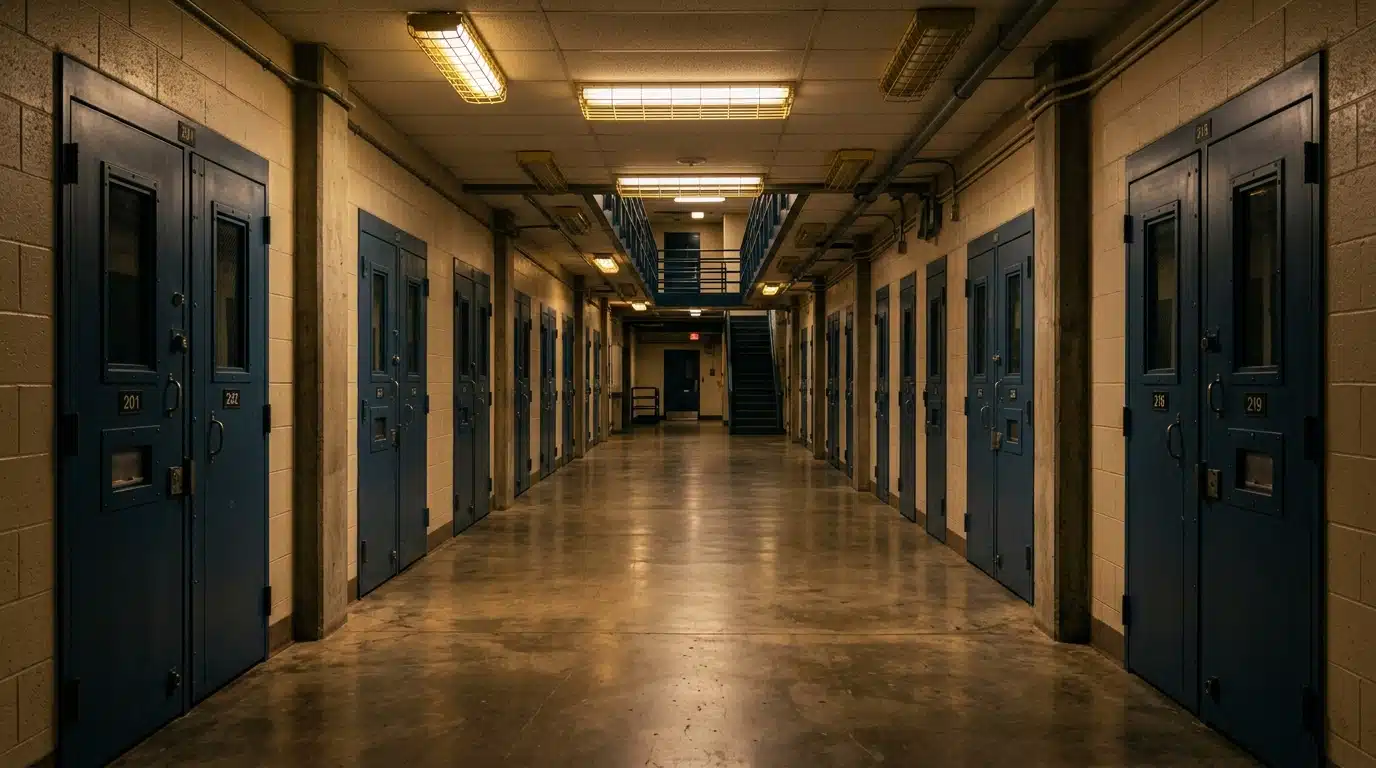 Couloir de prison fédérale désert éclairé la nuit