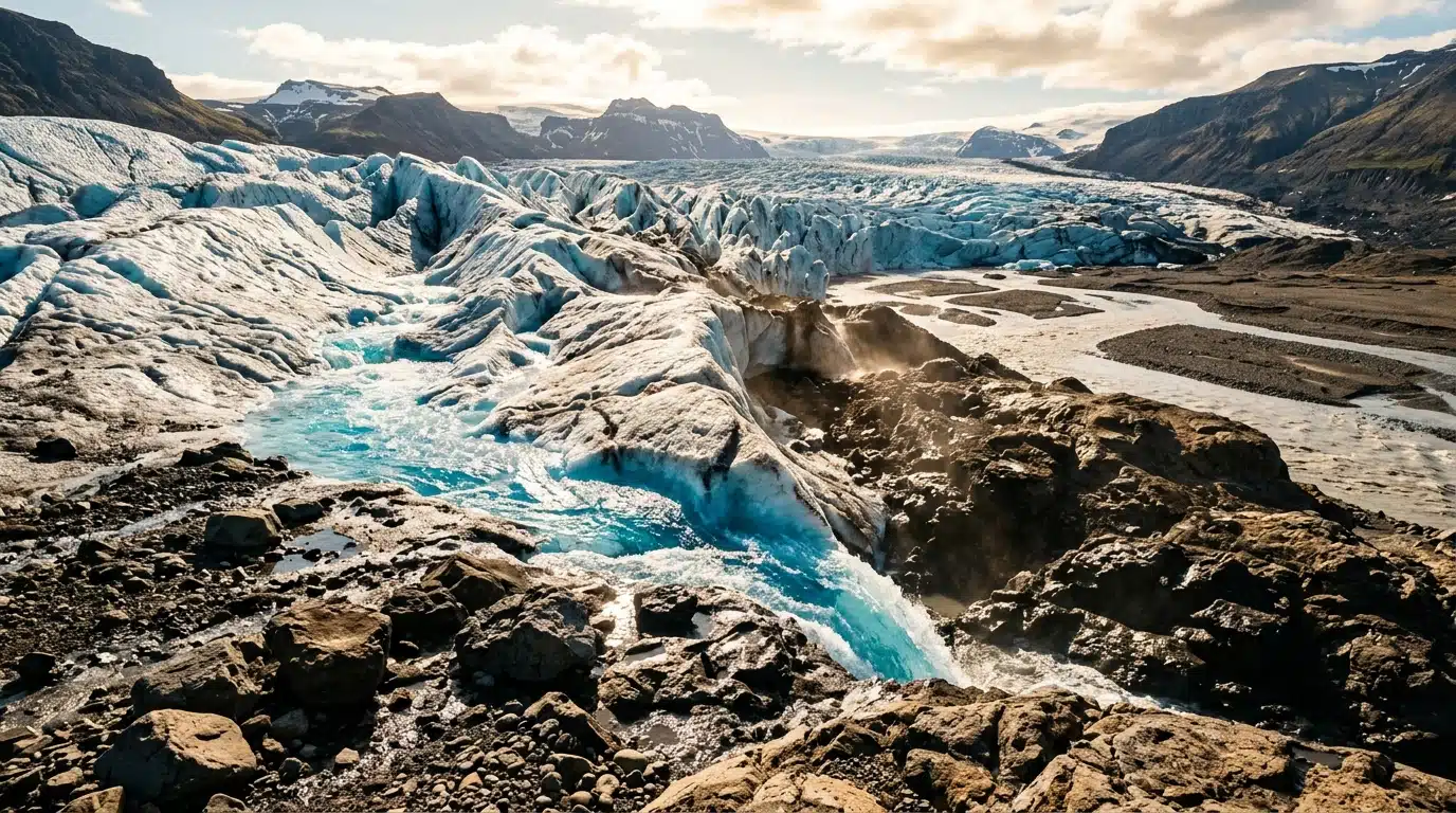 Front de glacier en fonte avec ruisseaux d'eau turquoise