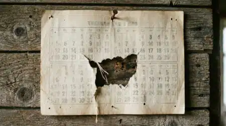Page de calendrier ancien déchirée entre deux dates