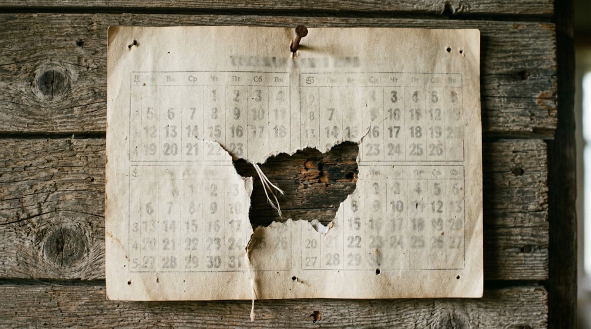 Page de calendrier ancien déchirée entre deux dates