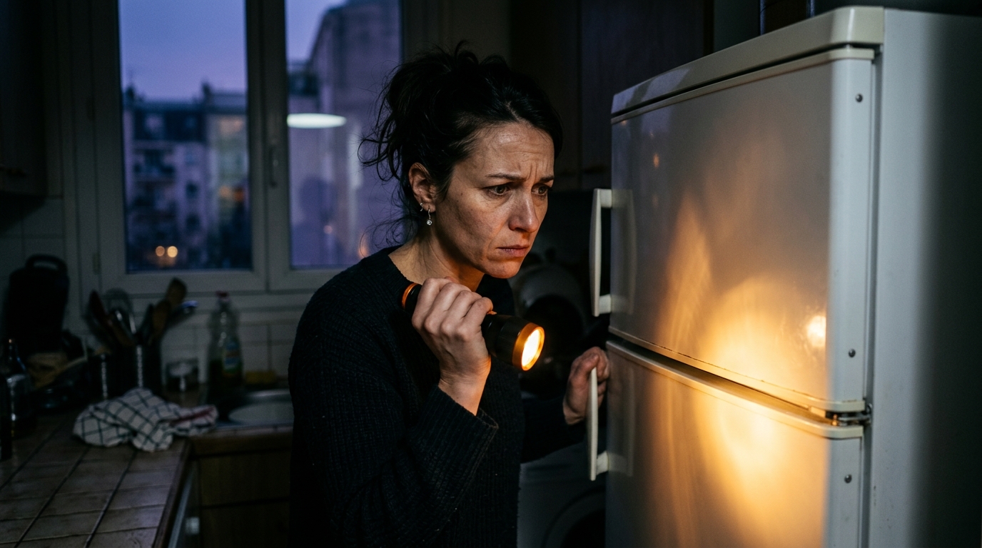 Femme inquiète devant son frigo pendant une panne