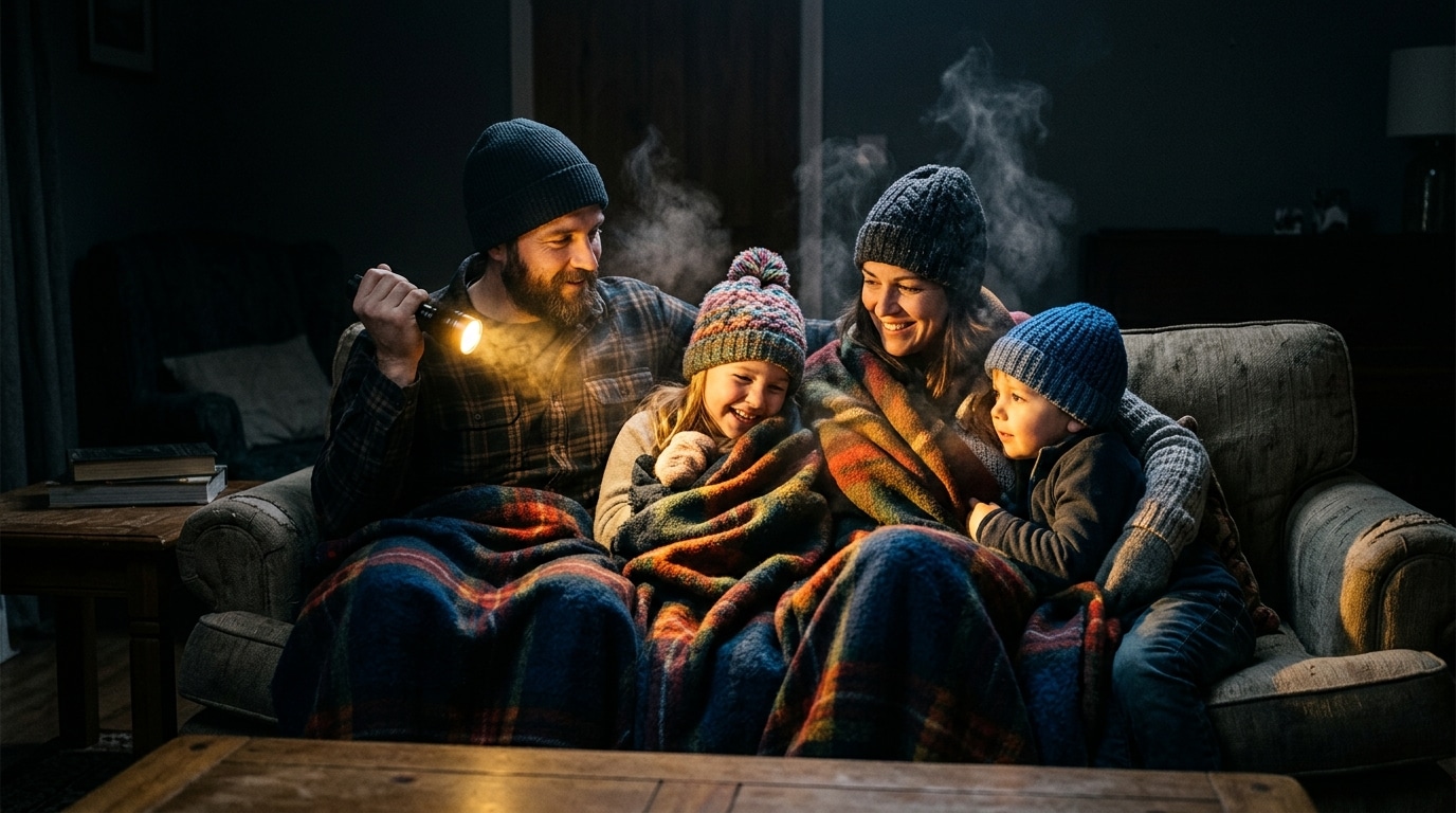 Famille emmitouflée dans des couvertures pendant une coupure de courant