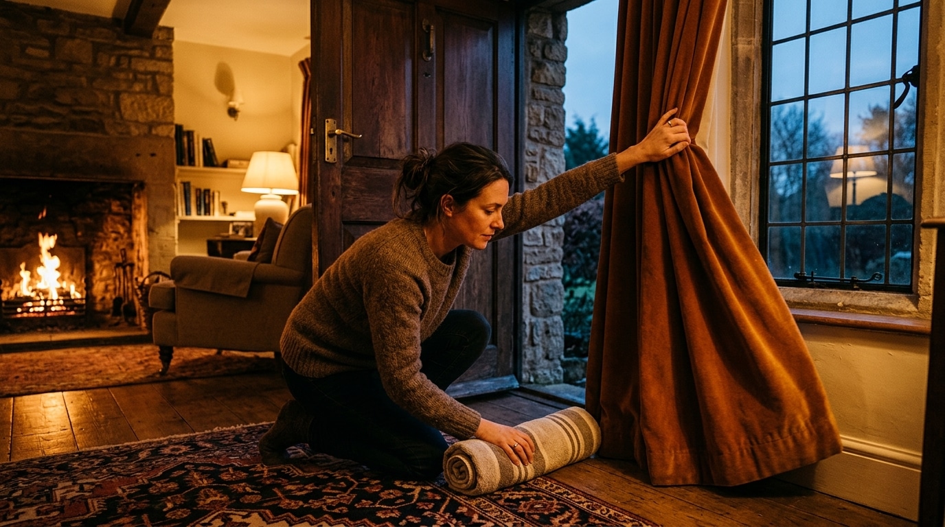 Femme calfeutrant une porte avec une serviette roulée