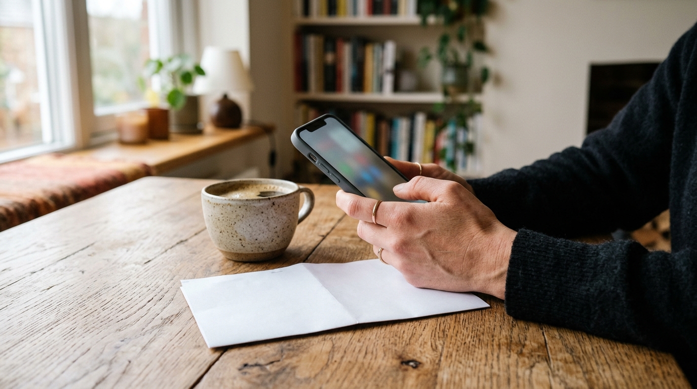 Main tenant un smartphone près d'une facture posée sur une table