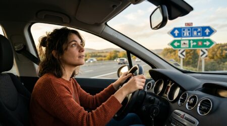 Conductrice observant les panneaux bleus et verts de la route